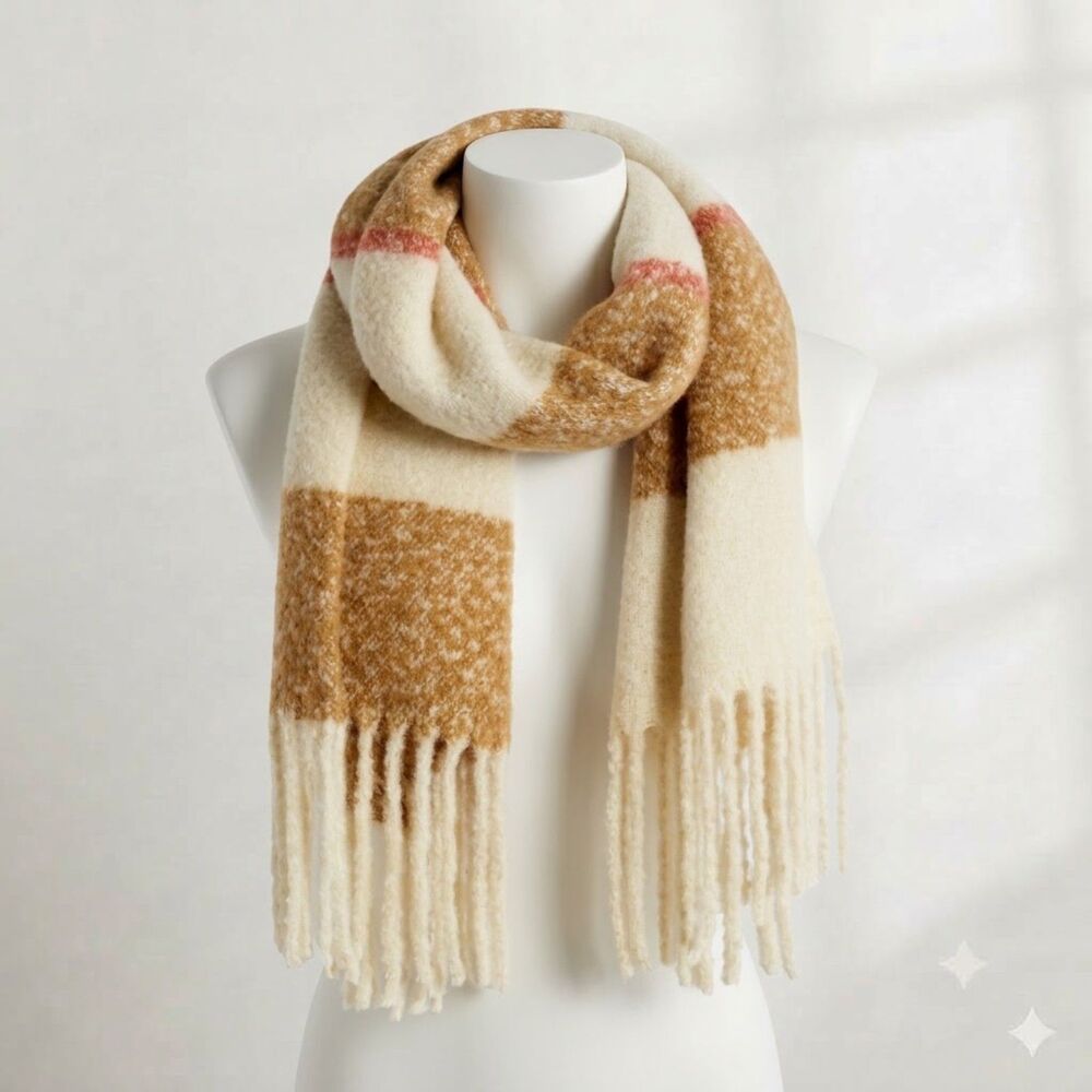 Madewell Brushed Scarf Tan Multi Plush Soft Fringe Cozy Oversized 70" NEW!